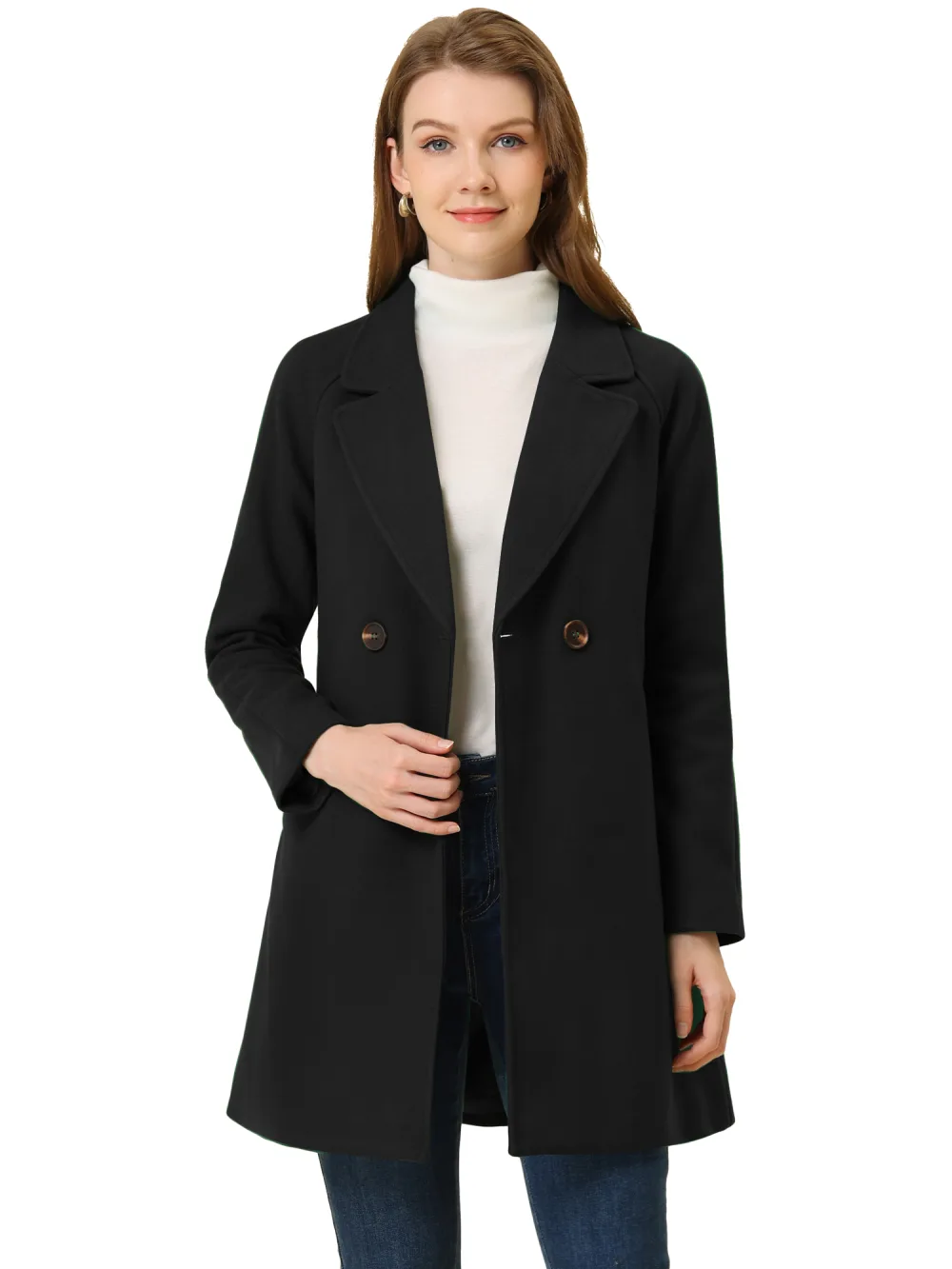 Allegra K- Double Breasted Lapel Raglan Sleeve Mid Length Overcoat