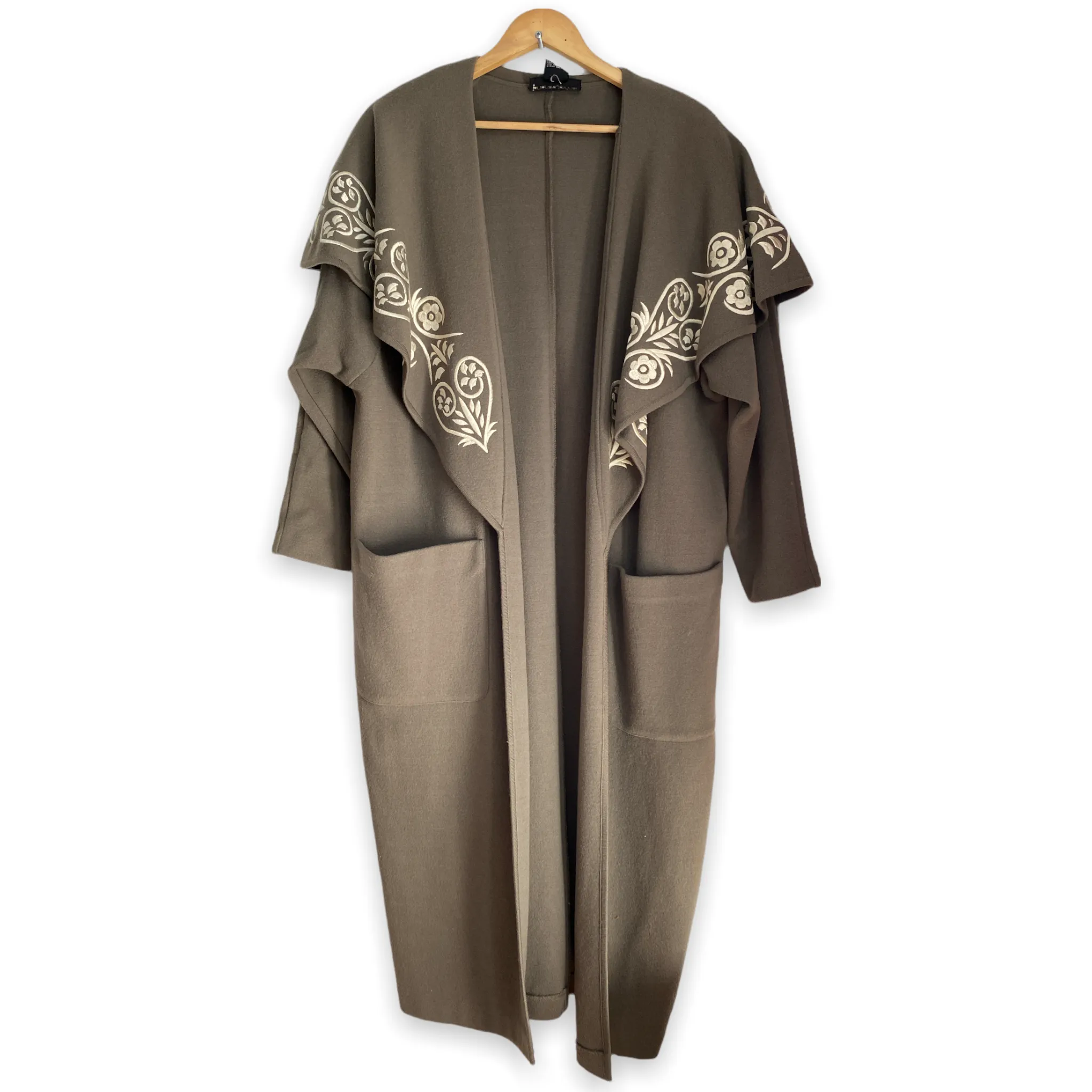 Andrea Jovine Taupe Coat with Cape Collar and Embroidery.