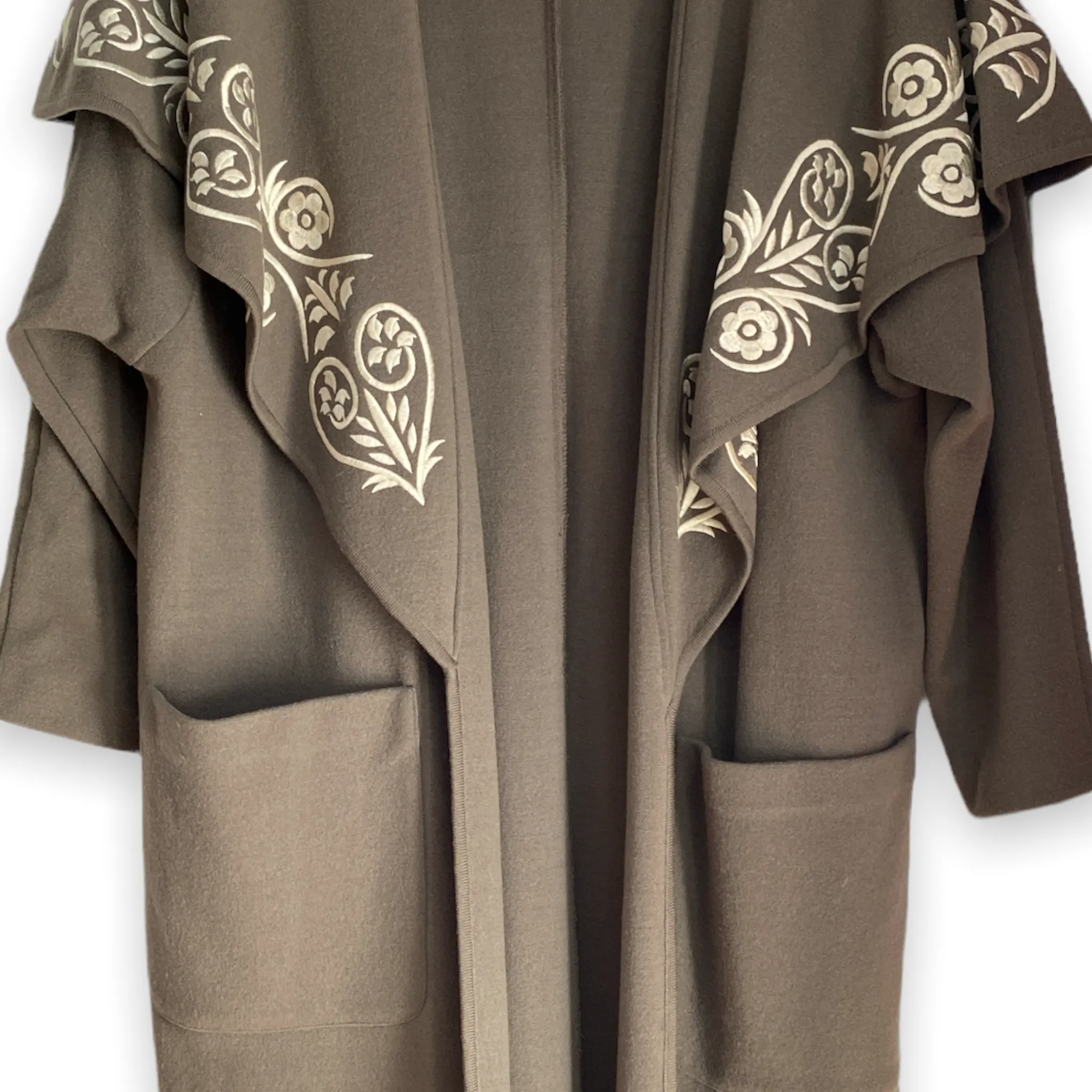 Andrea Jovine Taupe Coat with Cape Collar and Embroidery.