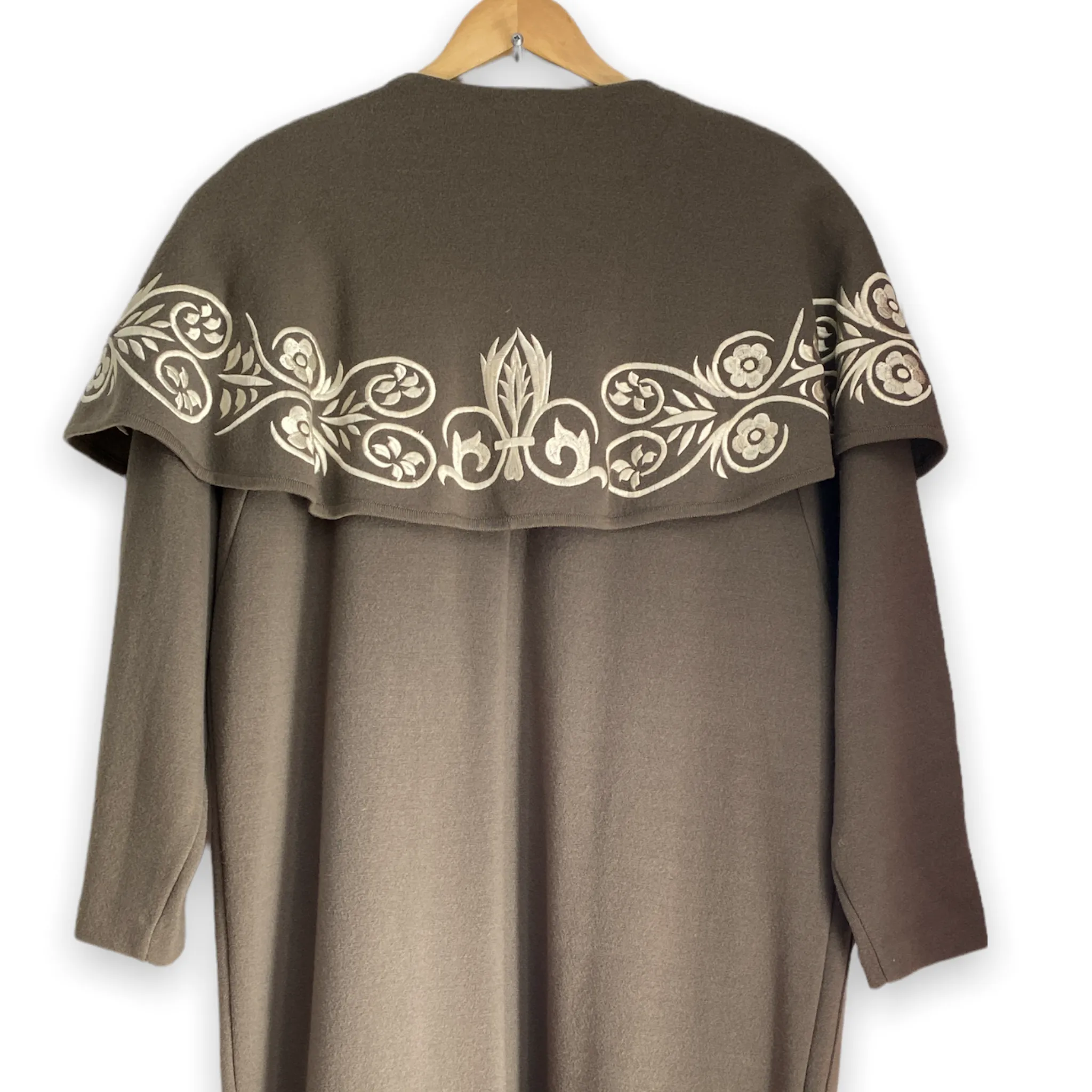 Andrea Jovine Taupe Coat with Cape Collar and Embroidery.