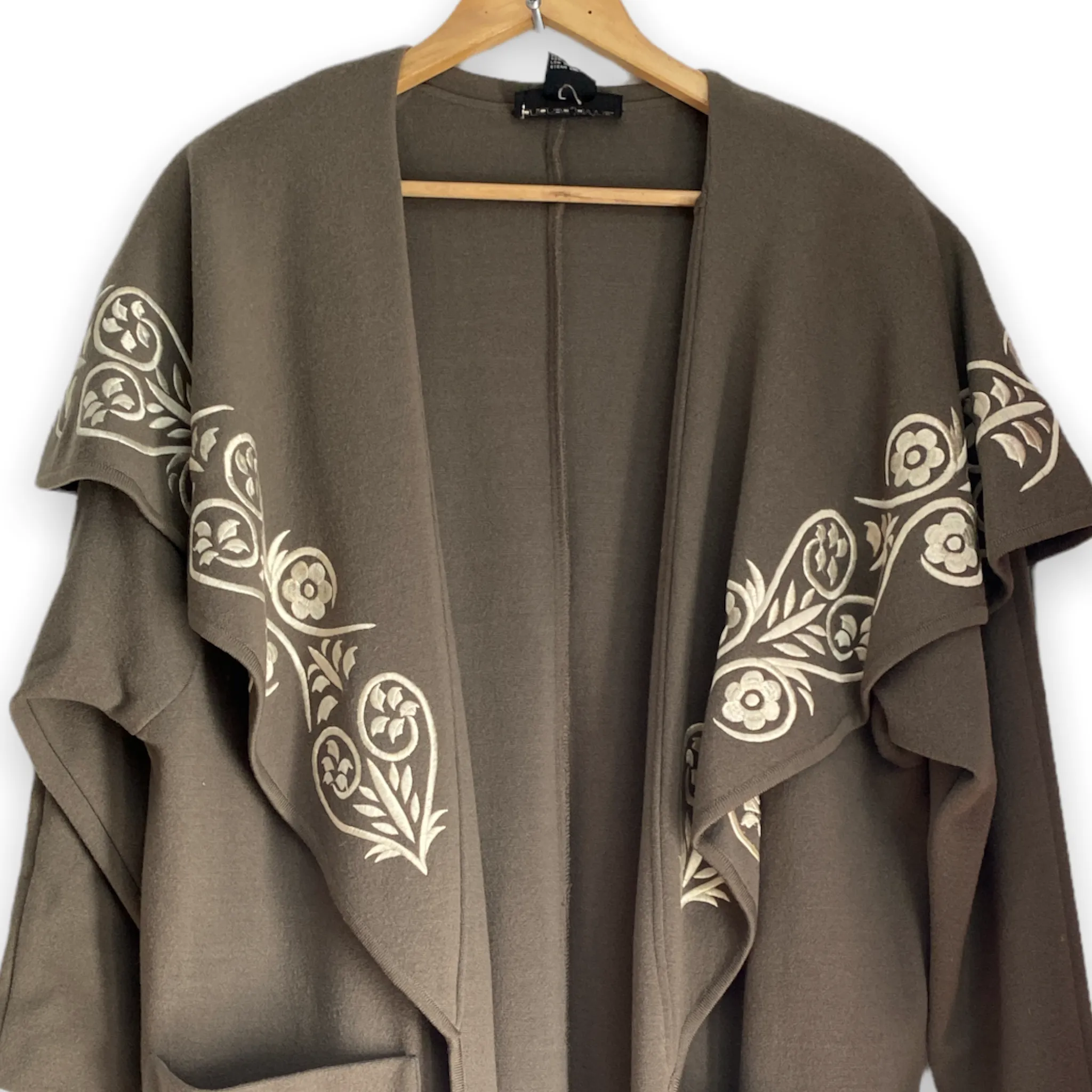 Andrea Jovine Taupe Coat with Cape Collar and Embroidery.