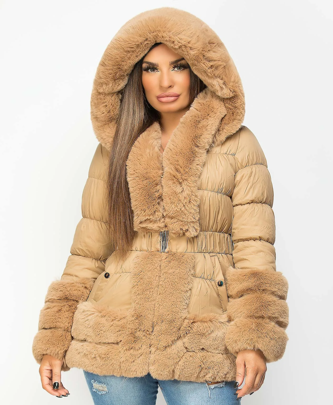 Beige Faux Fur Hem Hooded Puffer Coat Jacket