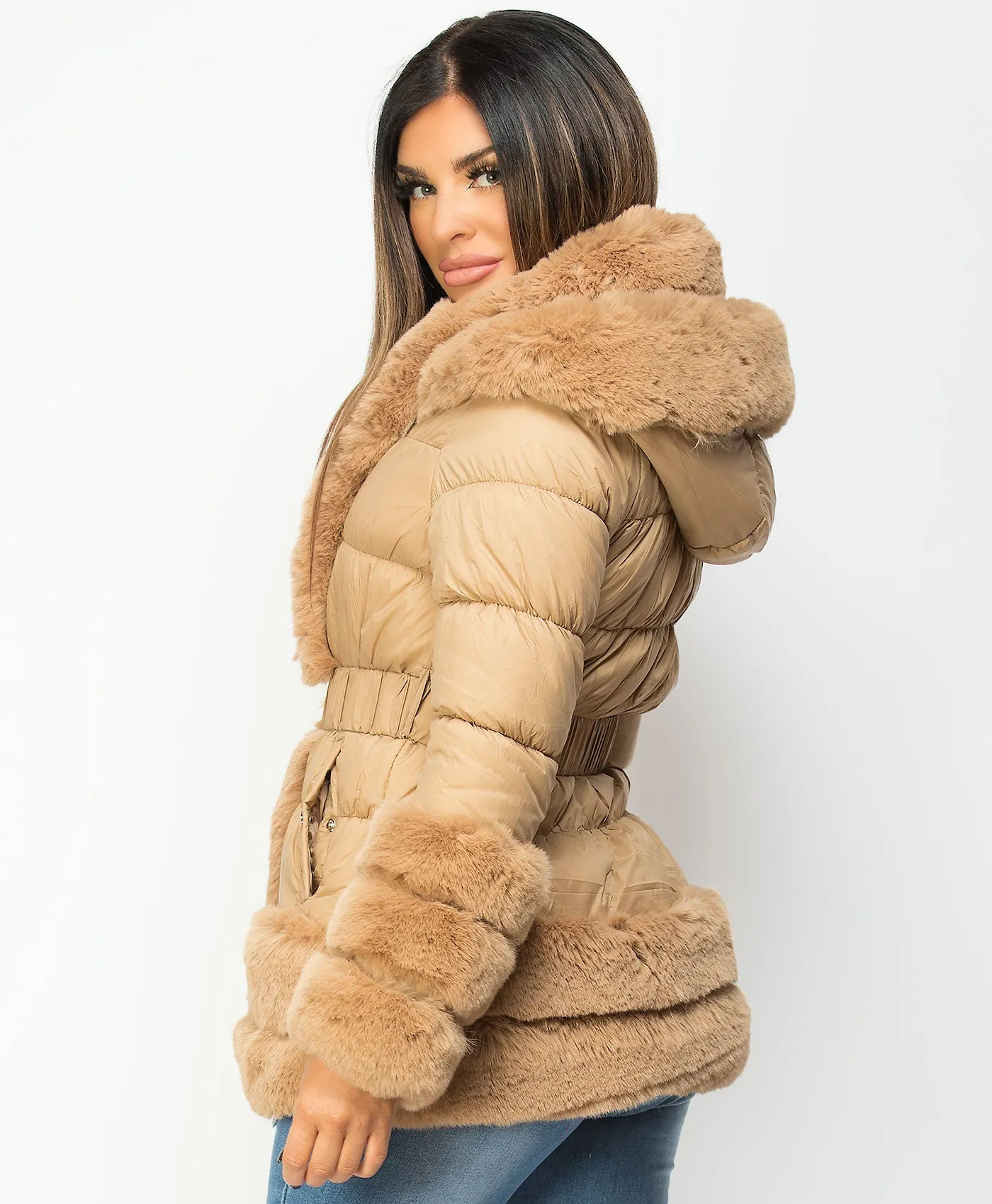 Beige Faux Fur Hem Hooded Puffer Coat Jacket