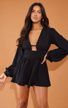 Black Textured Long Sleeve Tie Back Playsuit