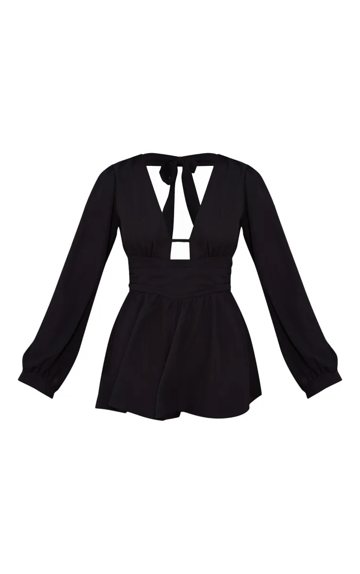 Black Textured Long Sleeve Tie Back Playsuit