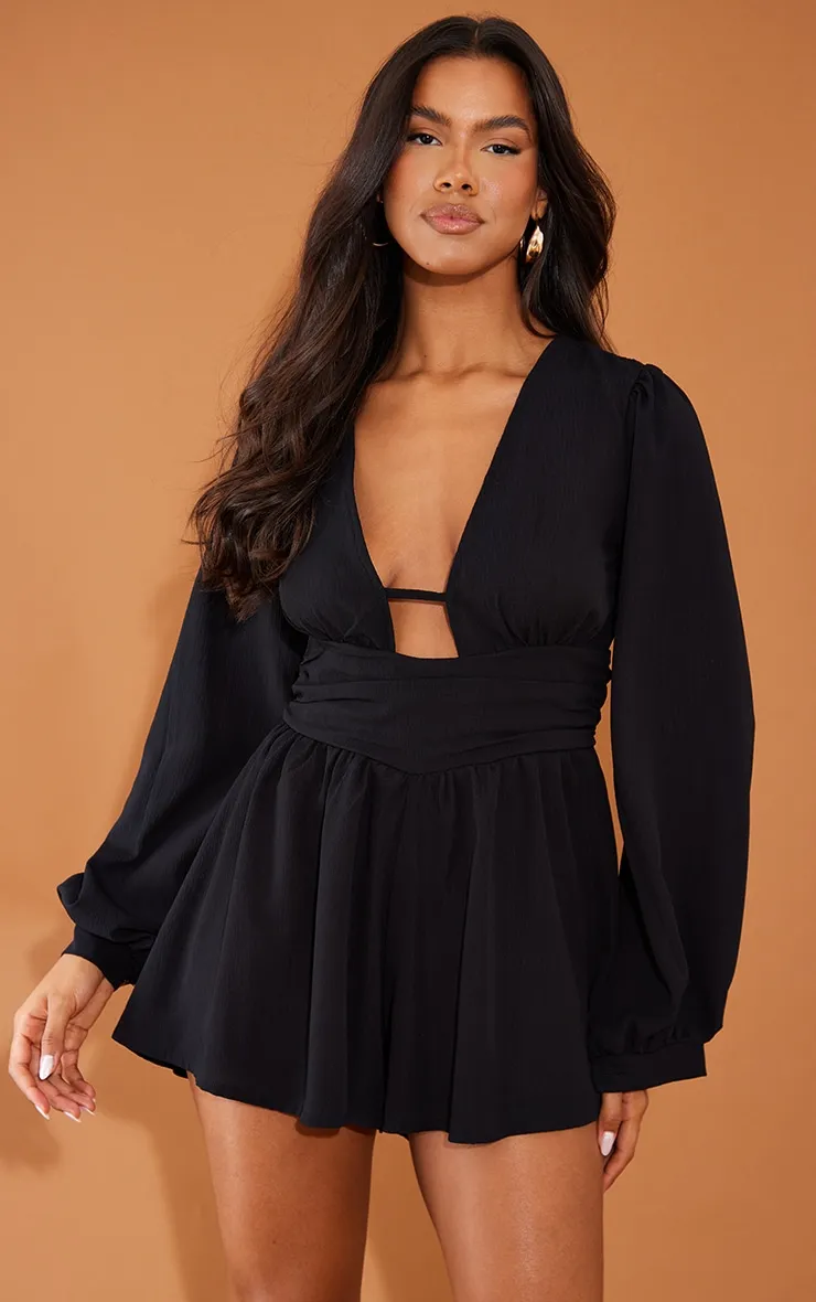 Black Textured Long Sleeve Tie Back Playsuit