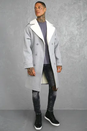 Borg Lined Double Breasted Trench Overcoat | boohooMAN UK