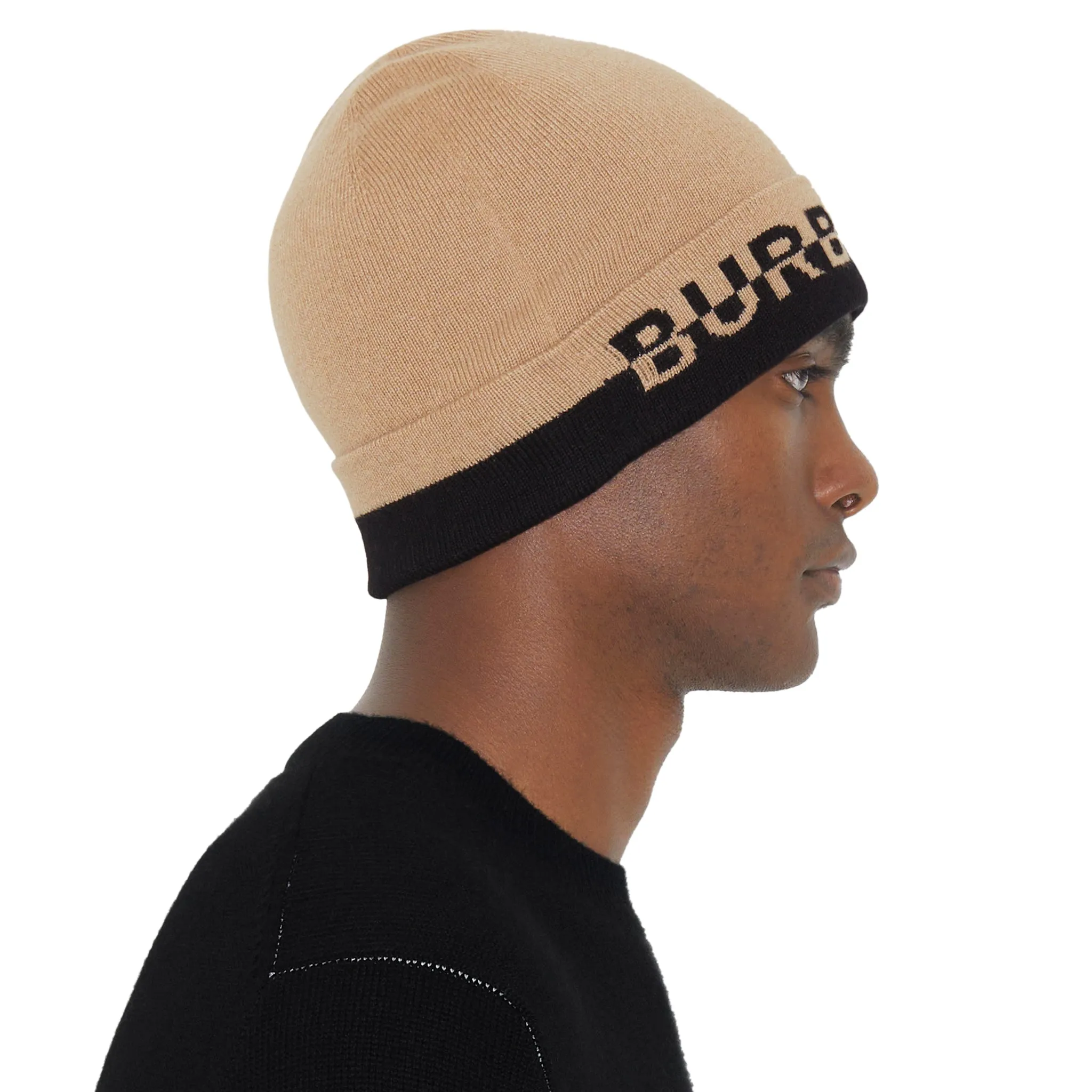 Burberry Cashmere Beige Black Logo Intarsia Beanie