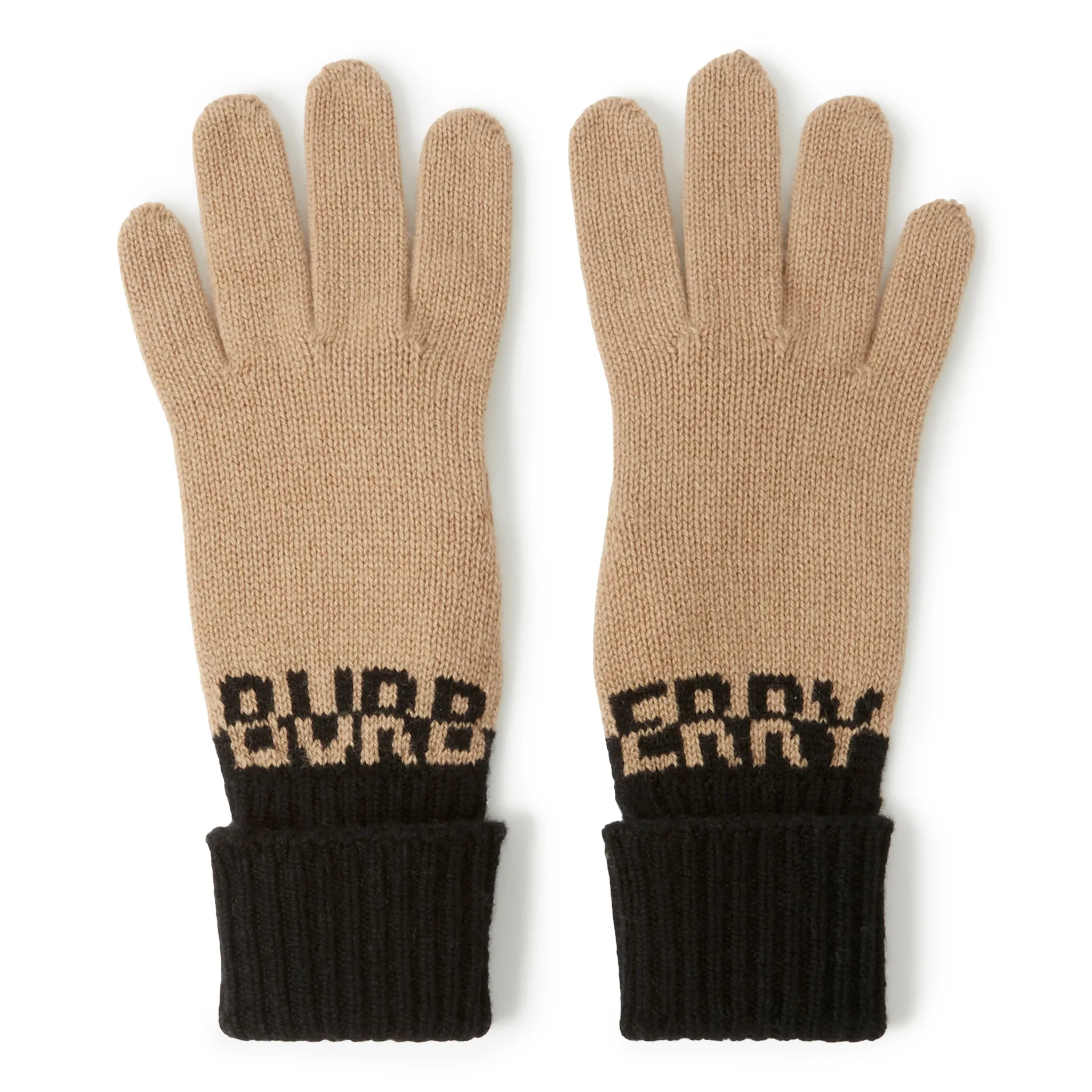 Burberry two-tone cashmere gloves with logo intarsia in beige and black.