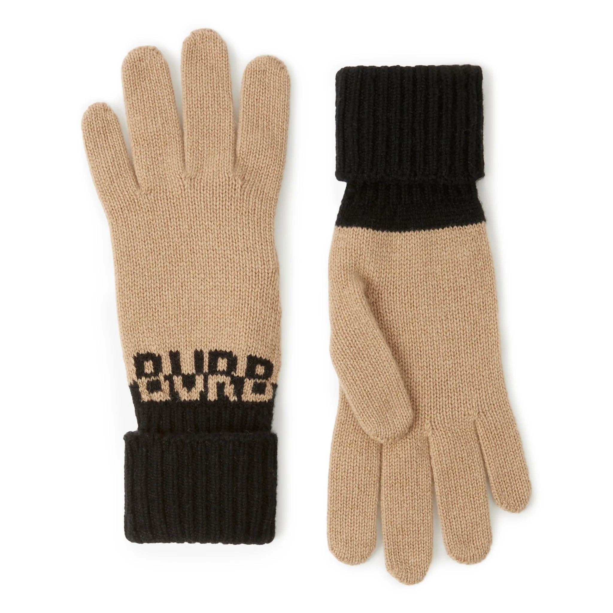 Burberry two-tone cashmere gloves with logo intarsia in beige and black.