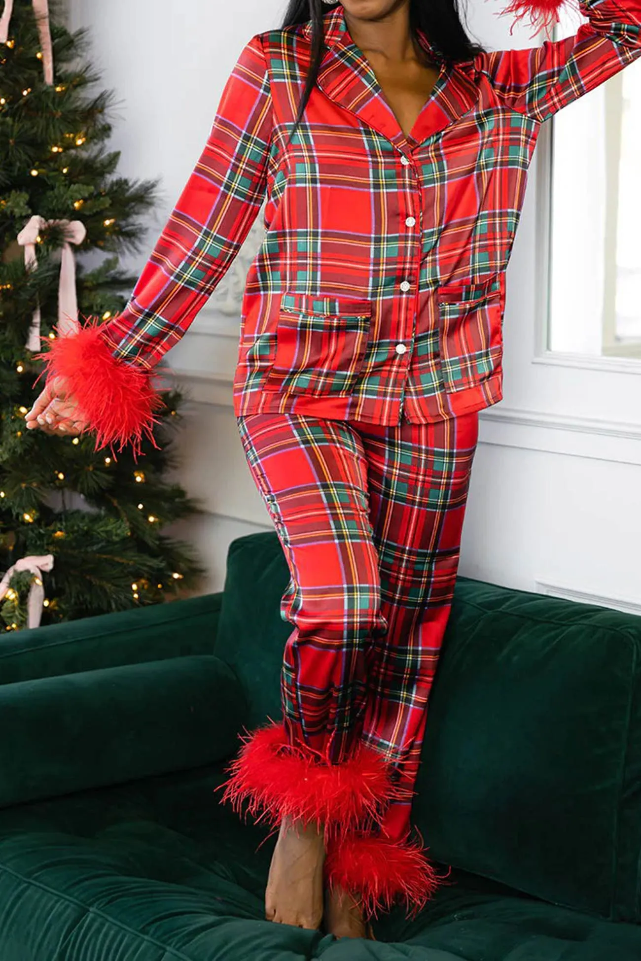 Christmas Satin Printed Fuzzy Loungwear