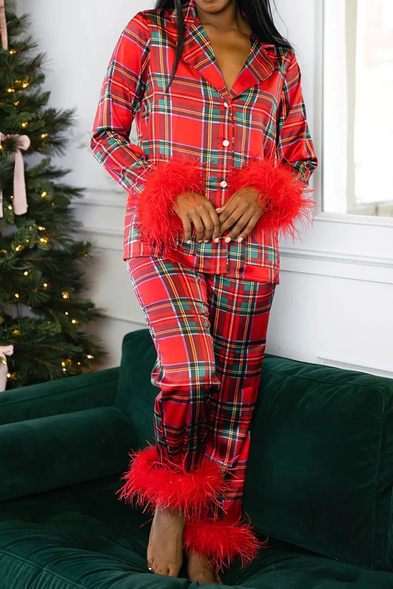 Christmas Satin Printed Fuzzy Loungwear