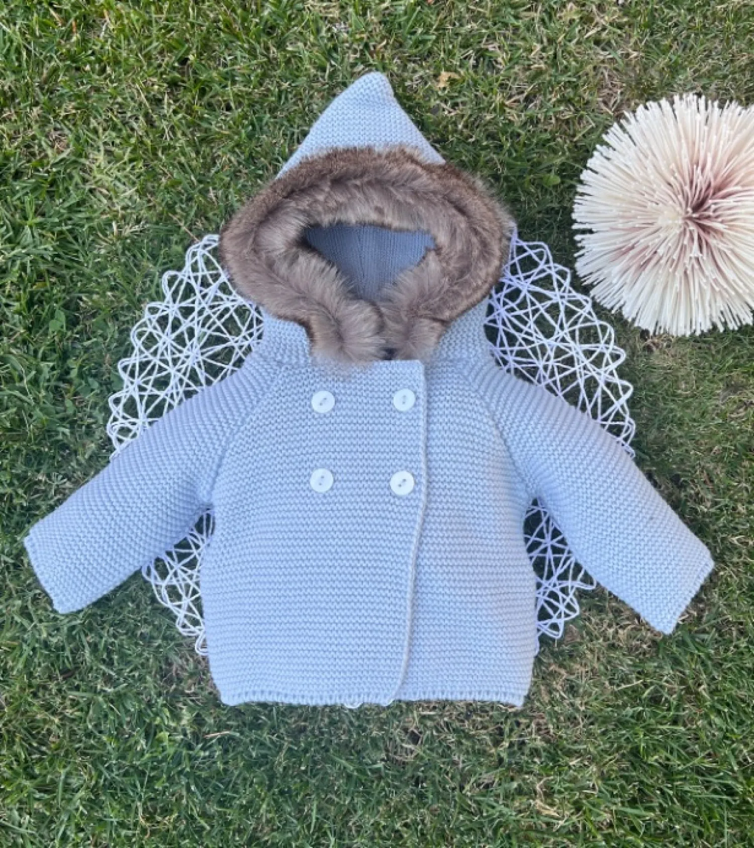 Chubby knit baby duffle coat with synthetic fur detail