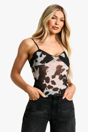 Cow Print Mesh Trim Detail Camisole