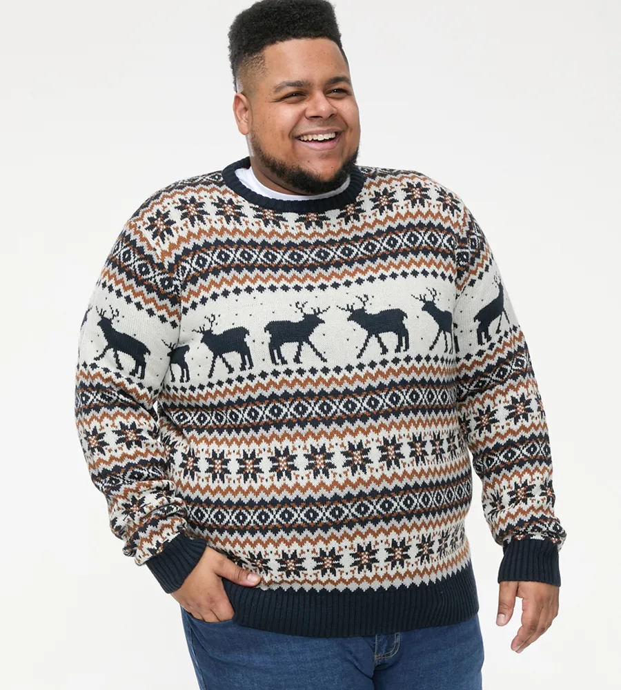 D555 Big Mens Christmas Jumper With Reindeer Design (ANTLER)