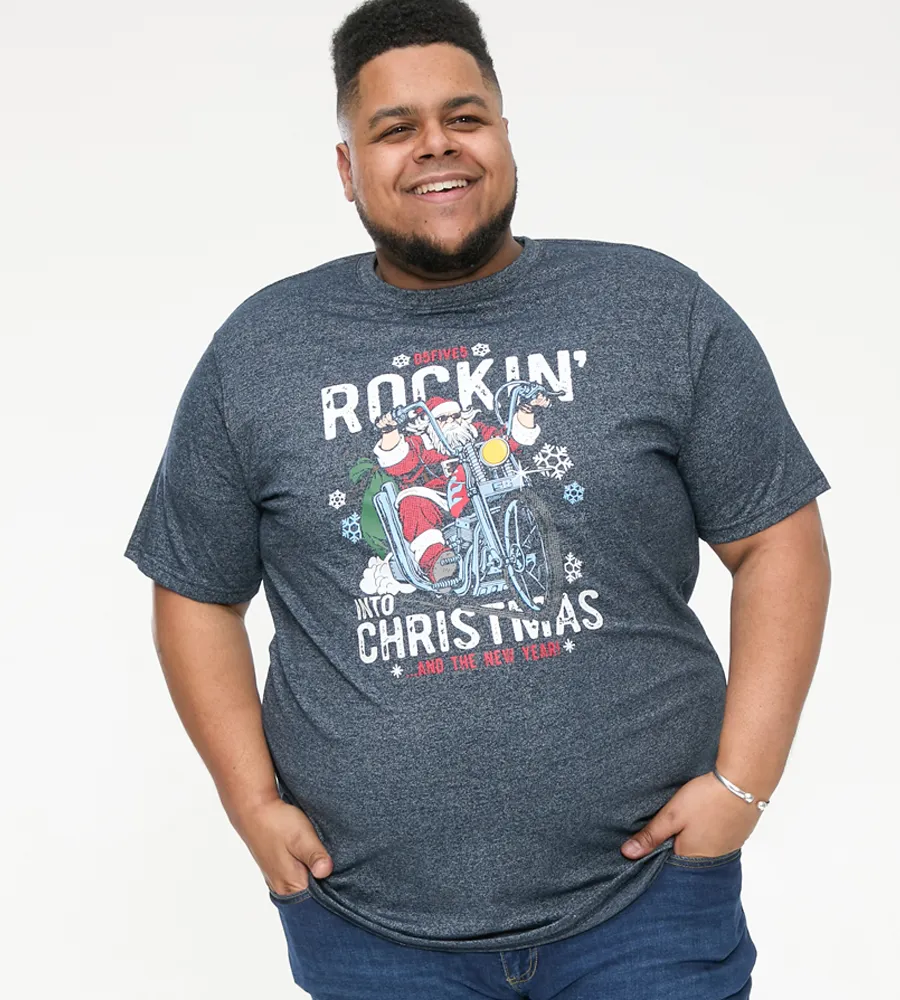 D555 Big Mens Christmas T-Shirt With Rocking Santa Print (CLEMENTINE)