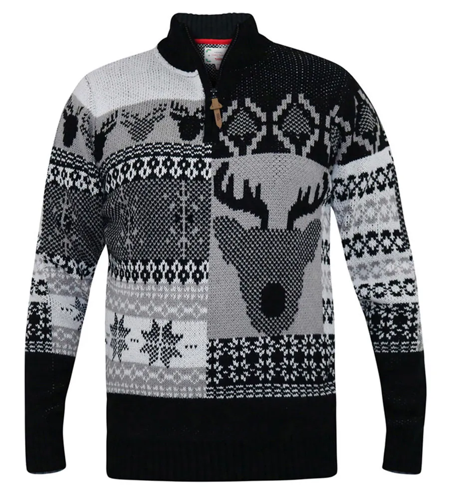 D555 Mens Christmas Jumper With 1/4 Zip and Stag Design (ICICLE)