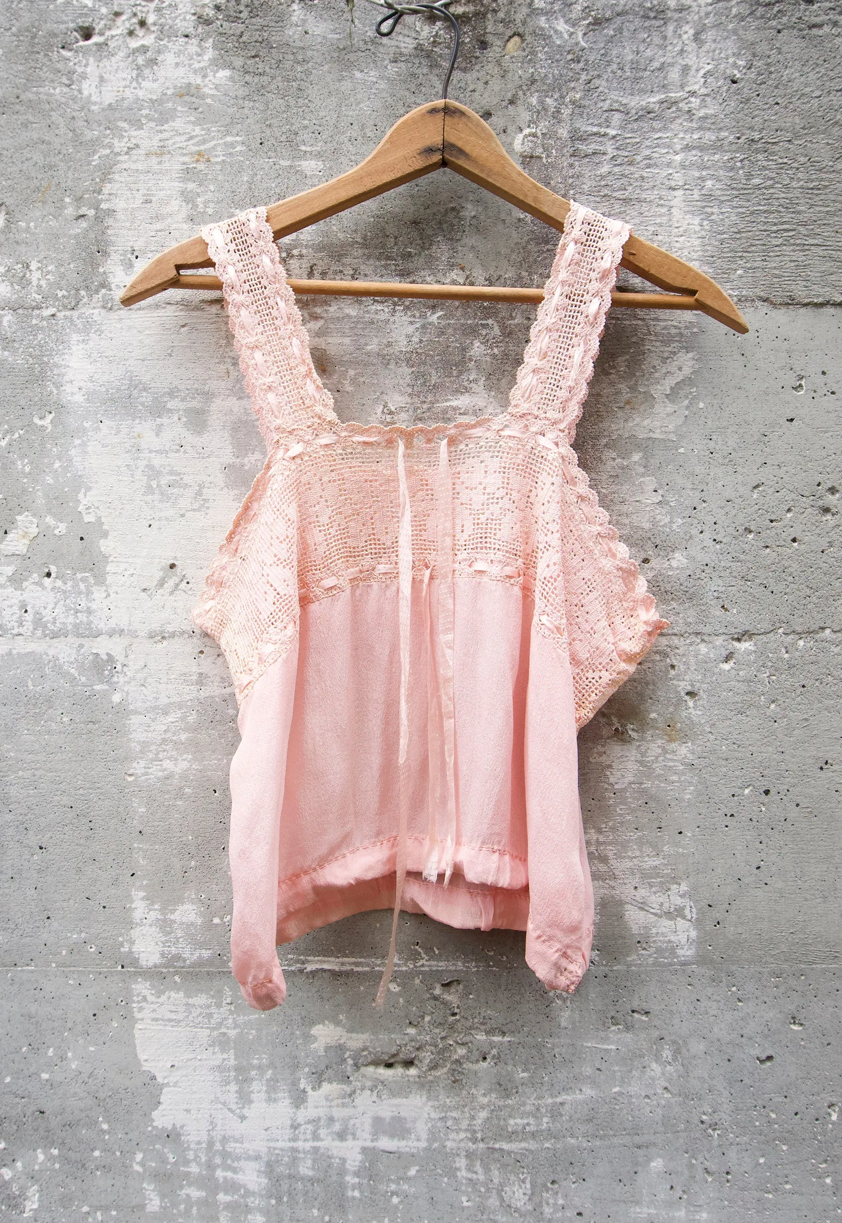 Early 1900's Blush Silk & Crochet Lace Edwardian Camisole