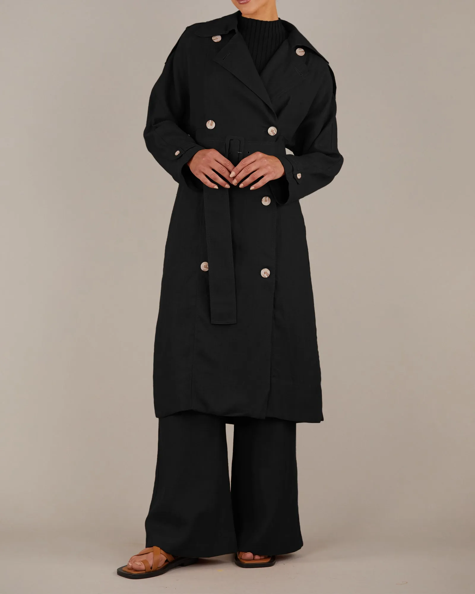 Elvie Black Linen Trench Coat