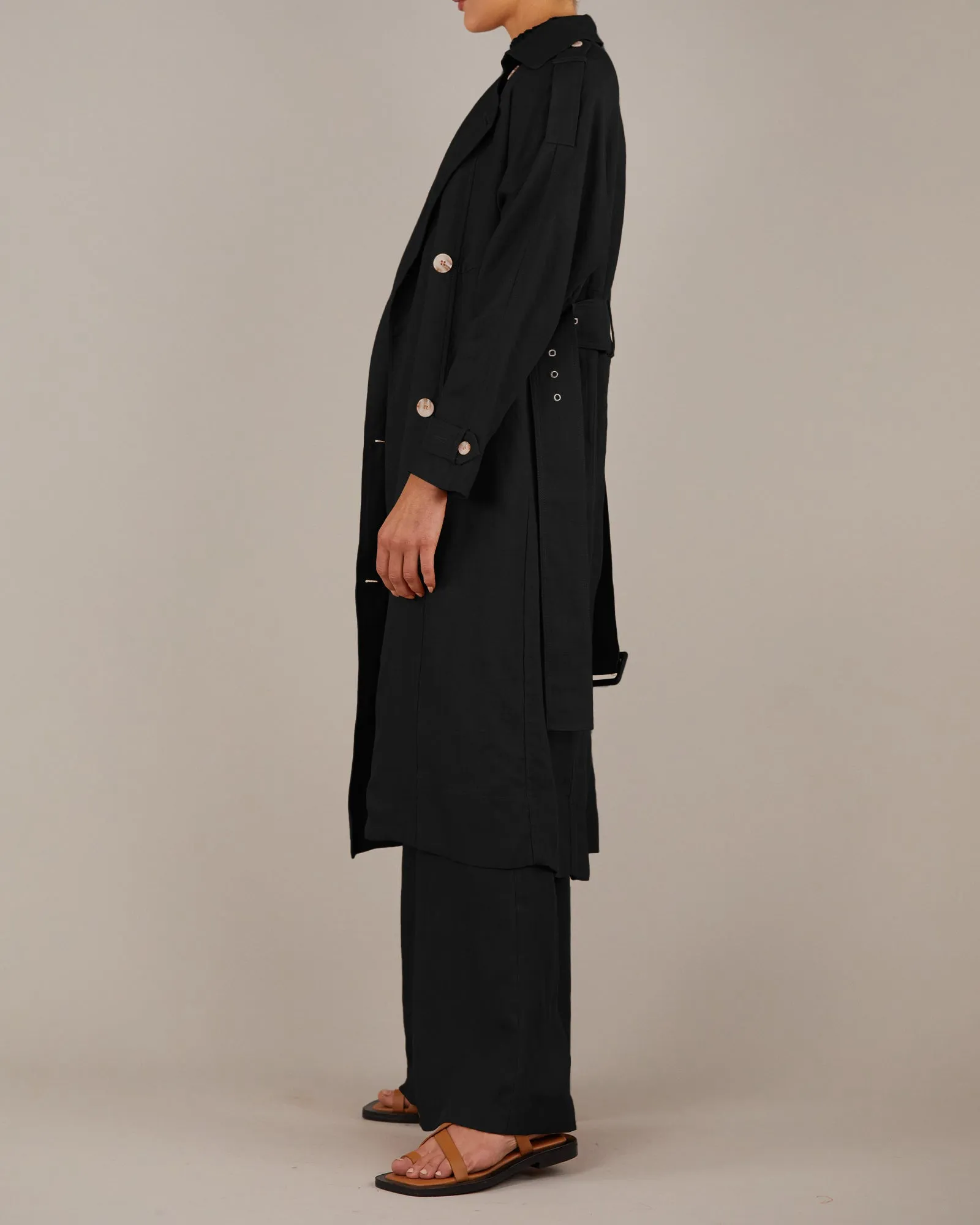 Elvie Black Linen Trench Coat