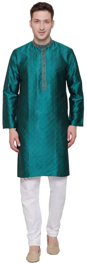 Embroidered Jacquard Silk Mens Kurta Pyjama Indian Clothes (Green)