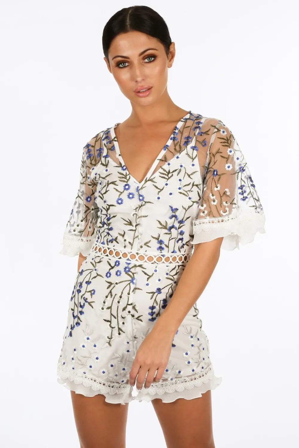 Embroidered Lace Short Sleeve Playsuit In White