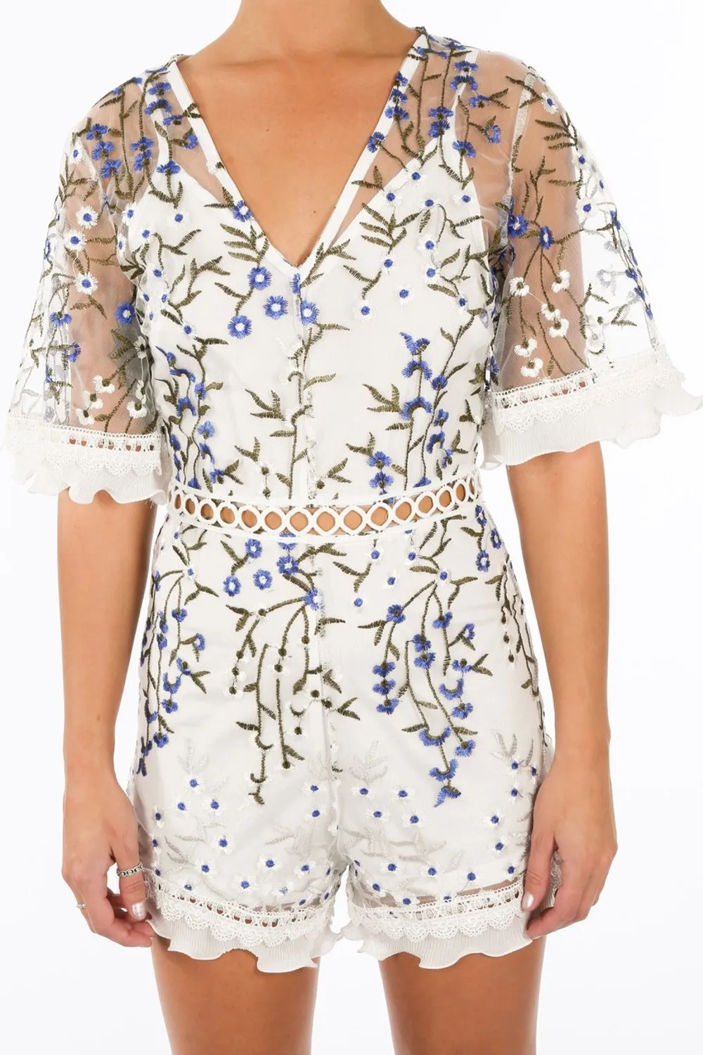 Embroidered Lace Short Sleeve Playsuit In White