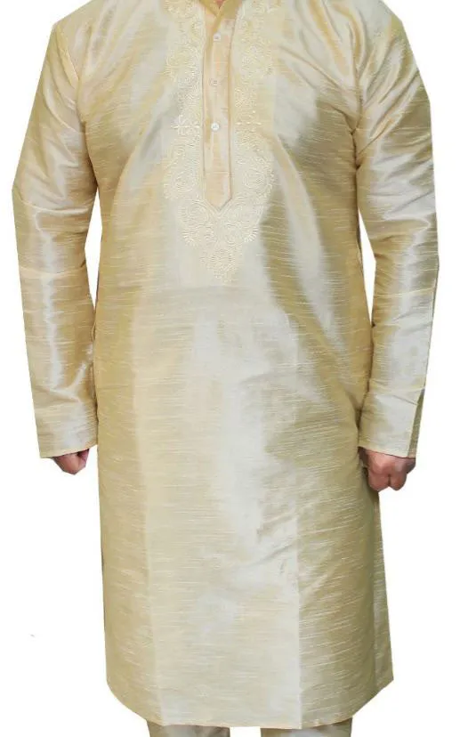 Embroidered Silk Mens Kurta Pyjama Indian Clothes (Golden)