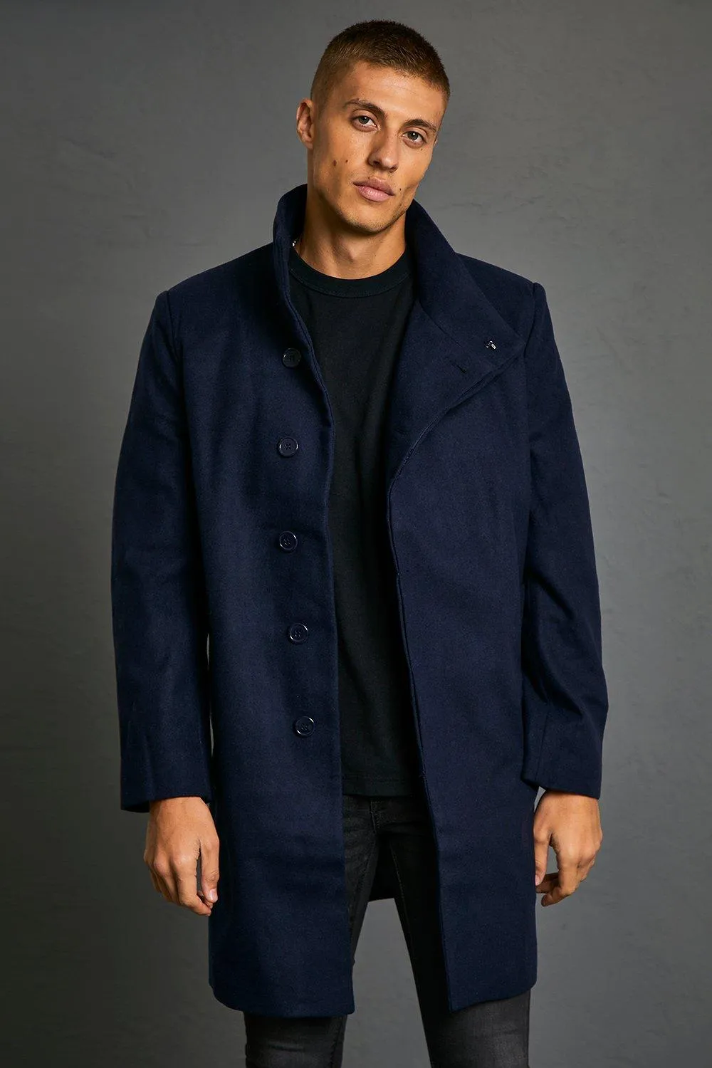 Funnel Neck Wool Look Overcoat | boohooMAN UK