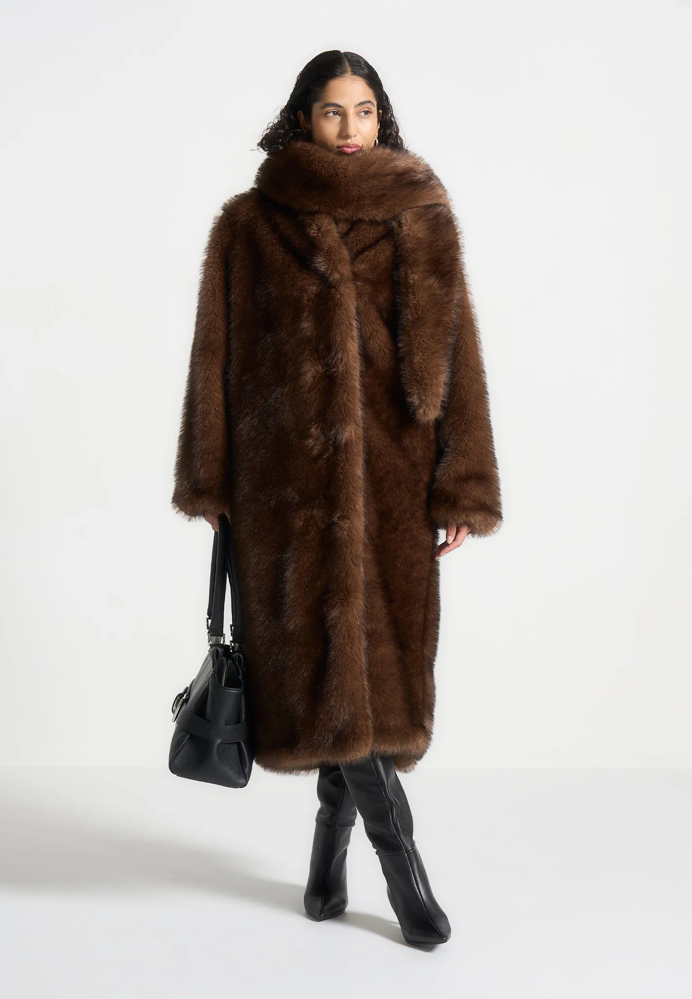 Fur Oversized Coat with Scarf - Brown