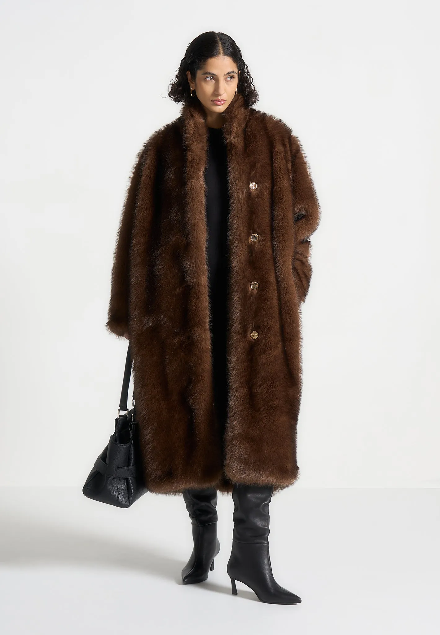 Fur Oversized Coat with Scarf - Brown