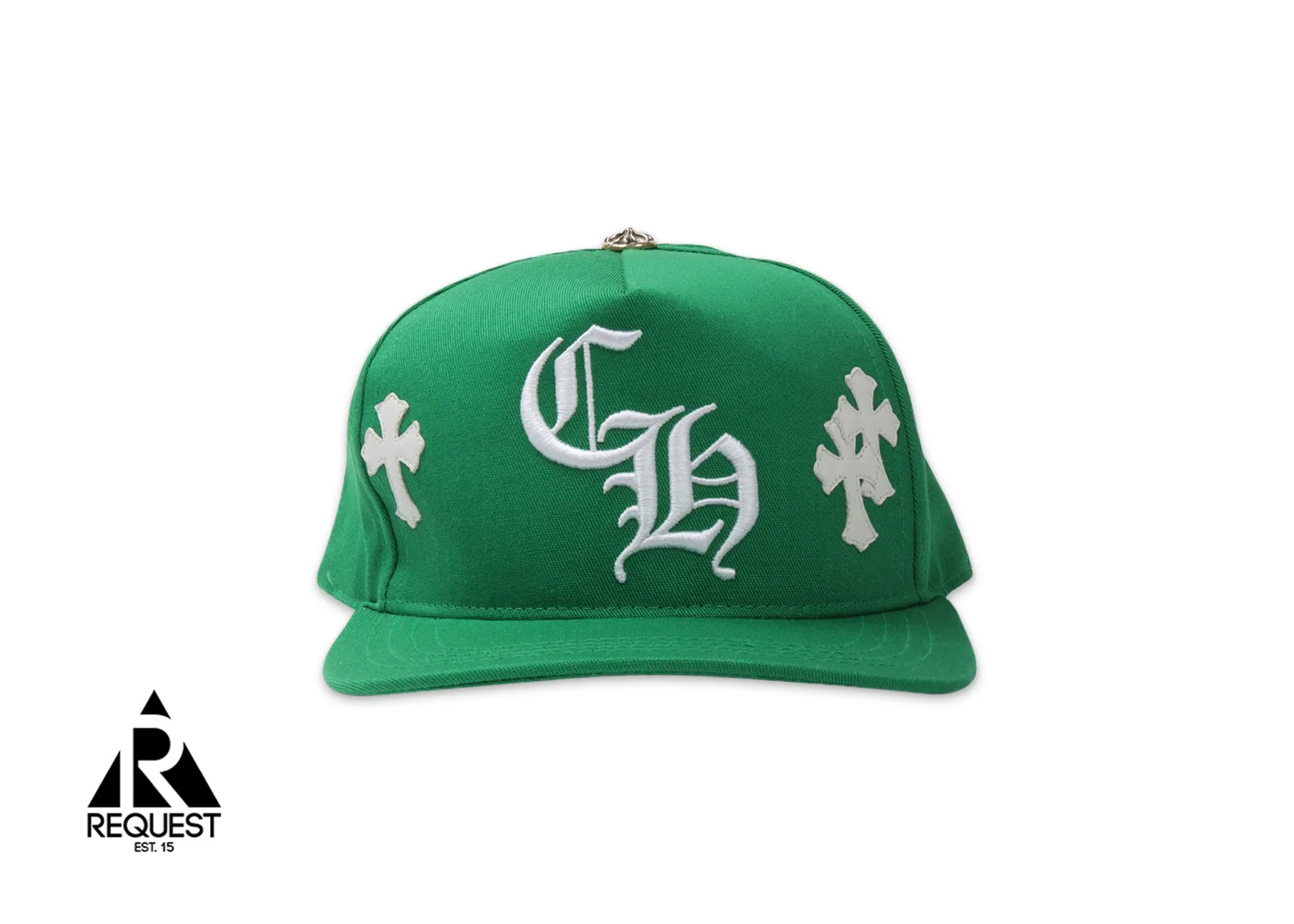 Green Chrome Hearts Crosses Snapback in White Leather