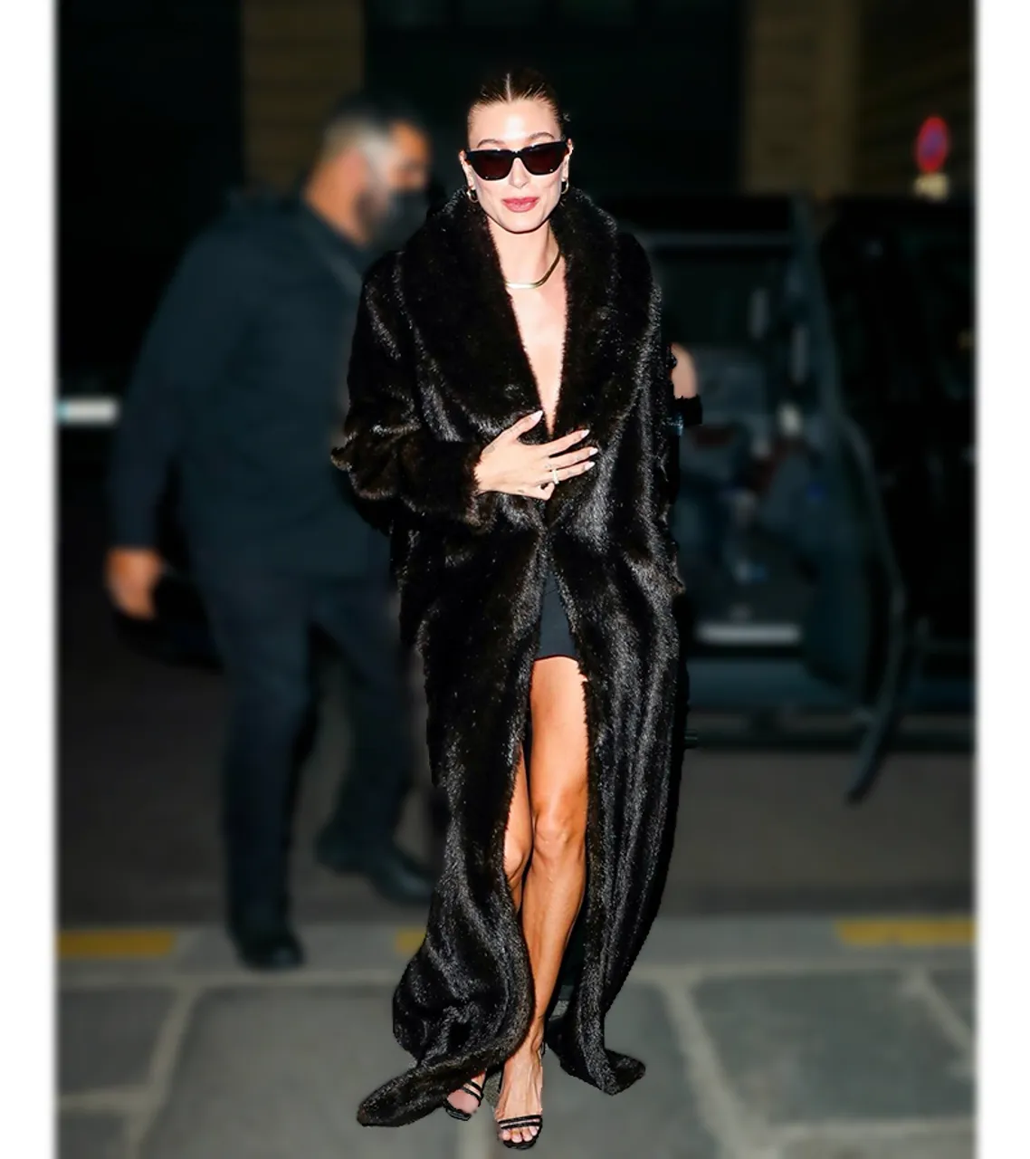 Hailey Baldwin Black Faux Fur Overcoat 2022