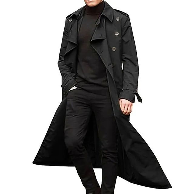 Hombre Overcoat Vintage Long Trench Coat Hombres Double Breasted Jacket Coats Mens Business Black Long Solid Windbreak Coat Outw