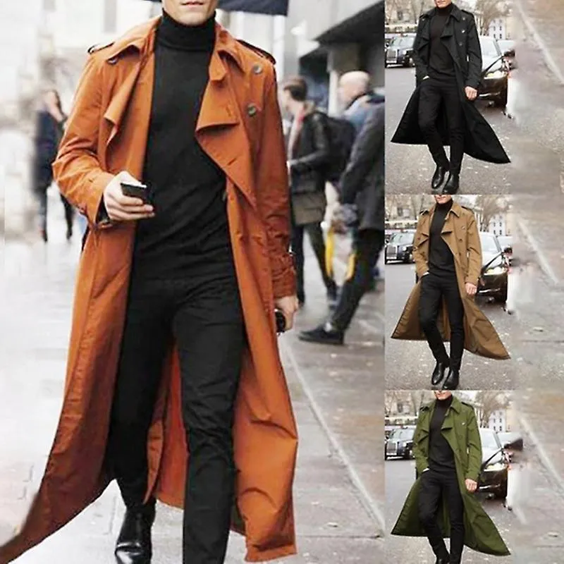 Hombre Overcoat Vintage Long Trench Coat Hombres Double Breasted Jacket Coats Mens Business Black Long Solid Windbreak Coat Outw