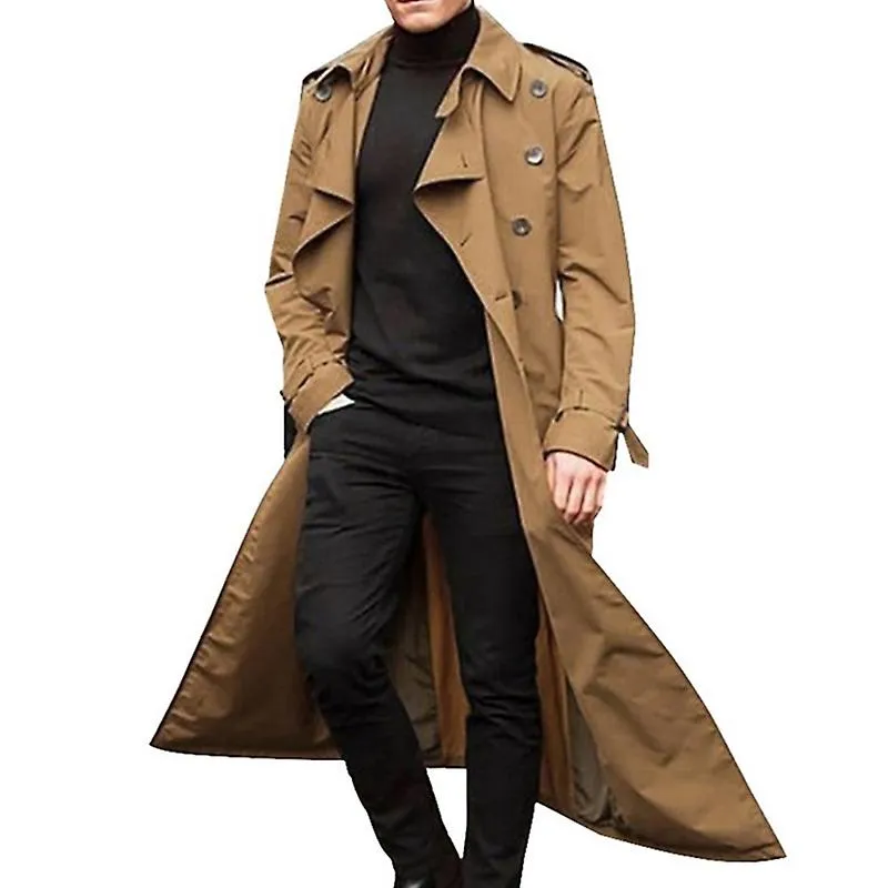 Hombre Overcoat Vintage Long Trench Coat Hombres Double Breasted Jacket Coats Mens Business Black Long Solid Windbreak Coat Outw