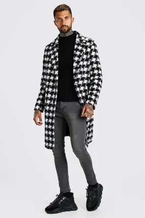 Houndstooth Drop Shoulder Longline Overcoat | boohooMAN UK