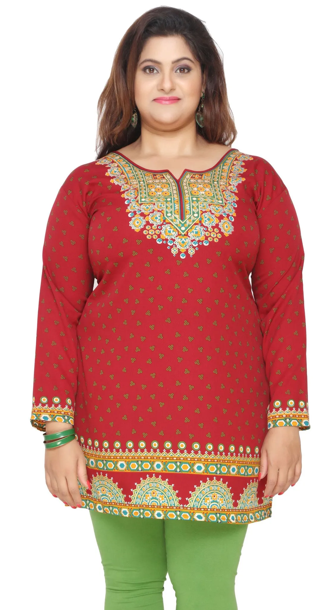 India Tunic Top Kurti Womens Printed Plus Size Indian Clothes (Red)