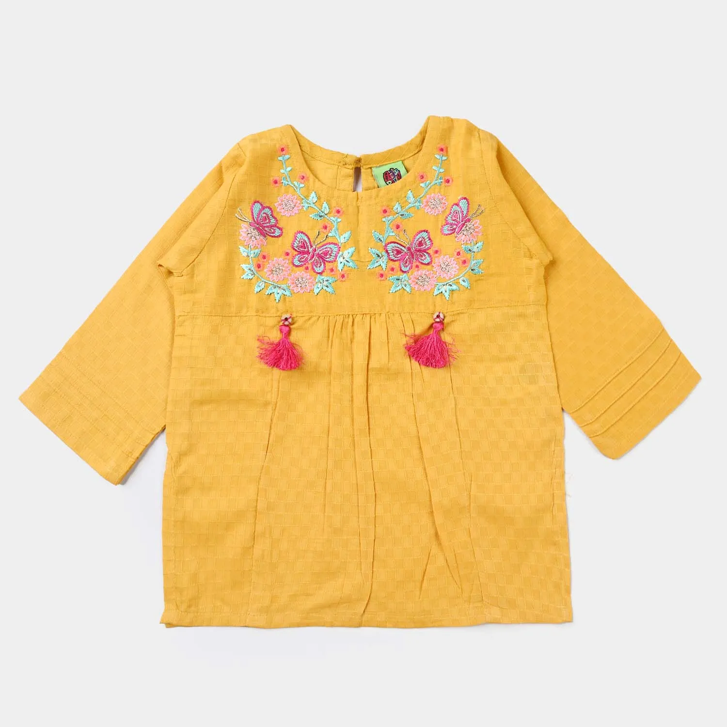 Infant Girls Dobby EMB Kurti Megical Garden-Mustard