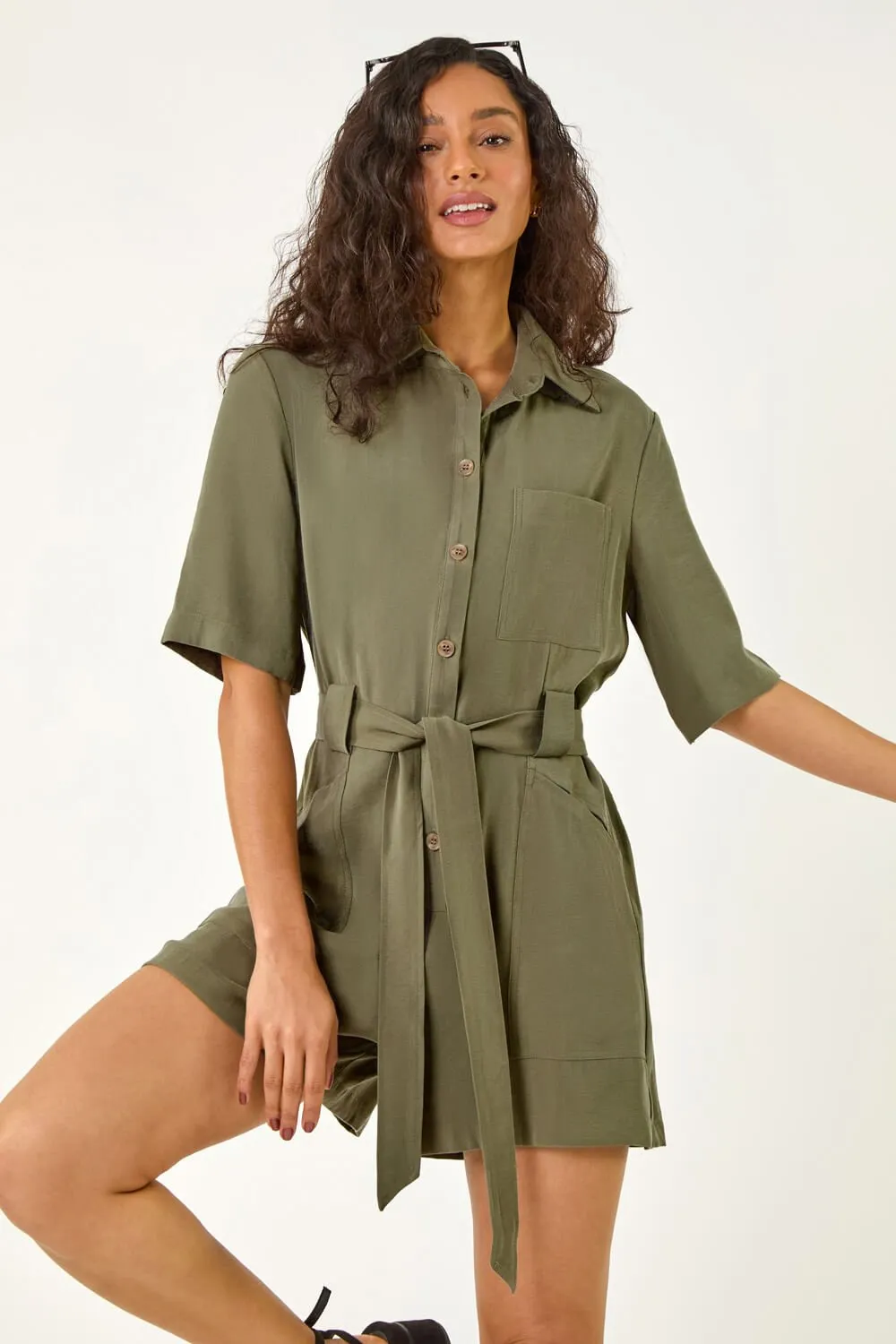 Khaki Button Through Belted Pocket Playsuit | Roman UK