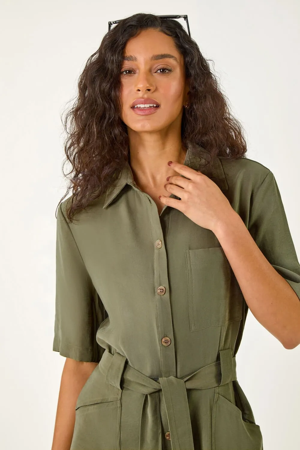 Khaki Button Through Belted Pocket Playsuit | Roman UK