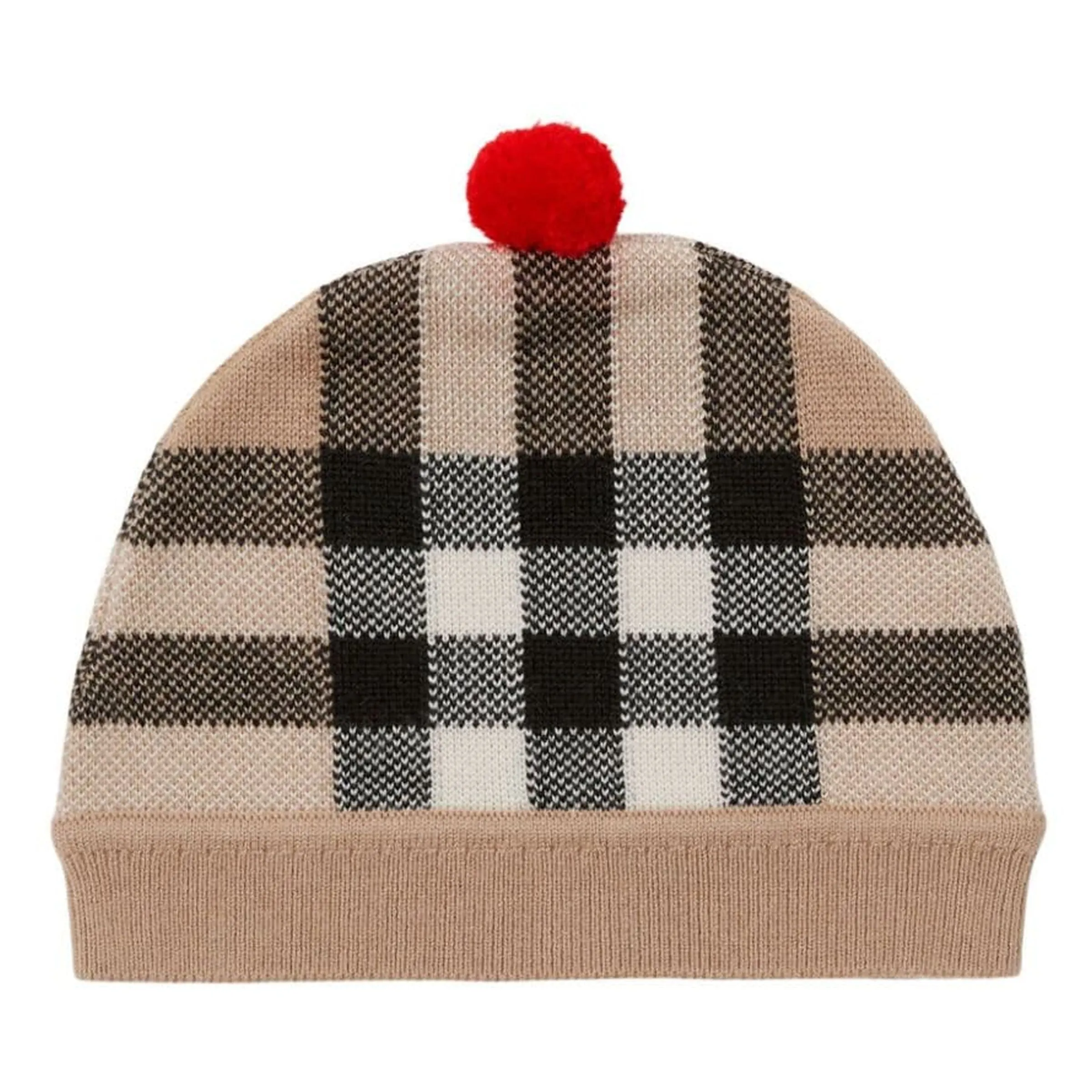 Knitted Beanie, Beige Check Pattern