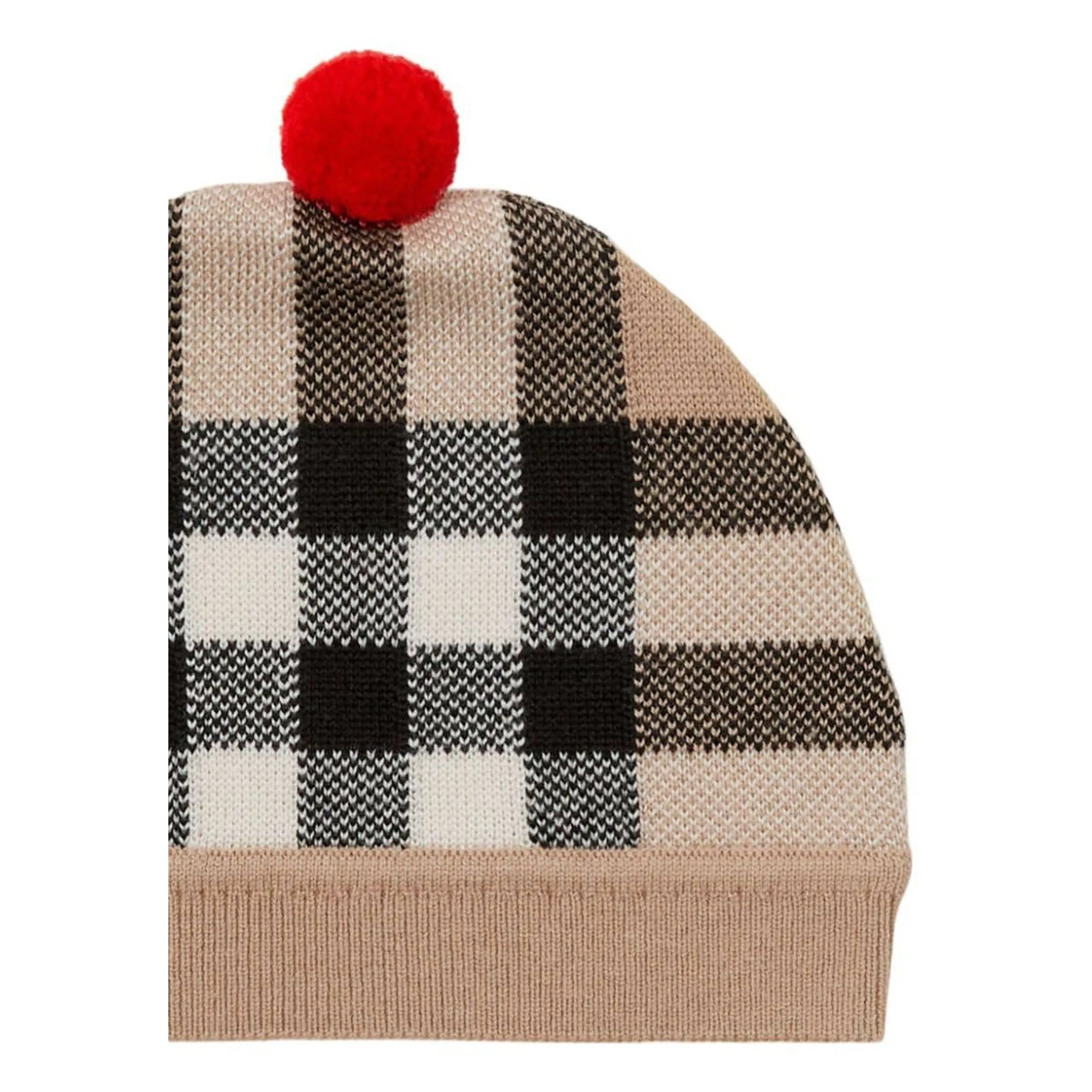 Knitted Beanie, Beige Check Pattern