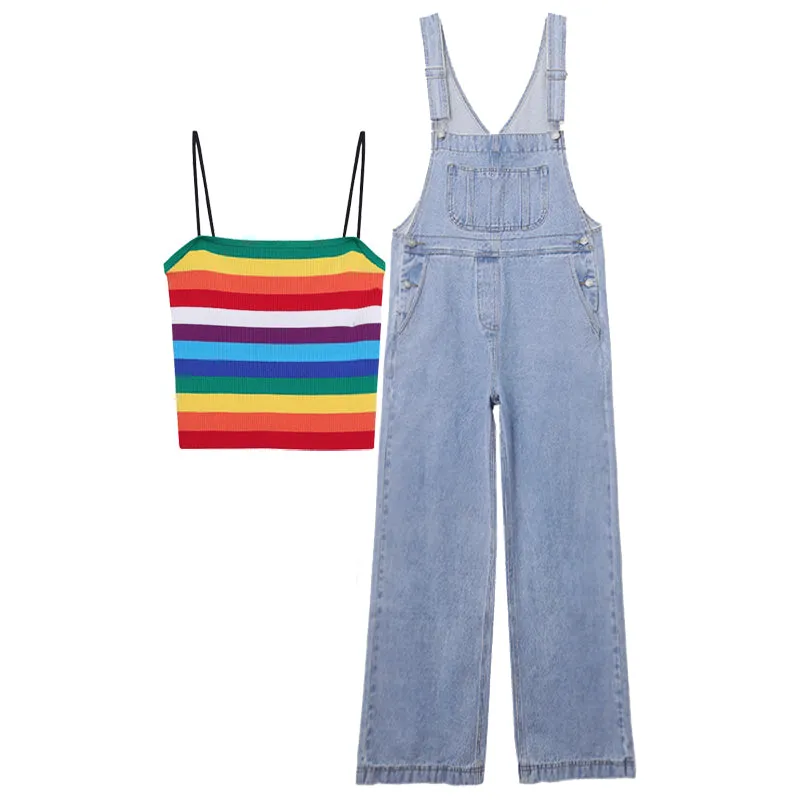 Korean Rainbow Stripe Vest and Denim Overalls BY63103