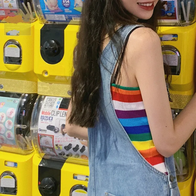 Korean Rainbow Stripe Vest and Denim Overalls BY63103