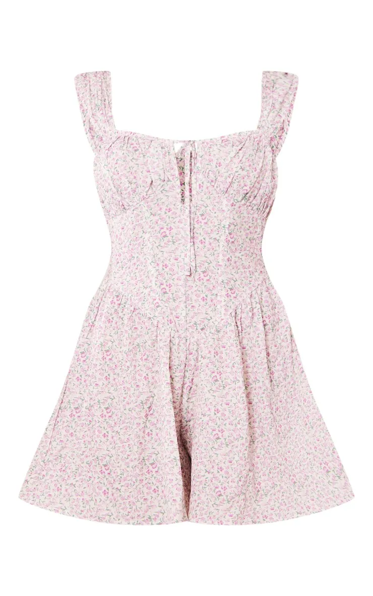 Lilac Ditsy Floral Woven Boning Tie Bust Playsuit