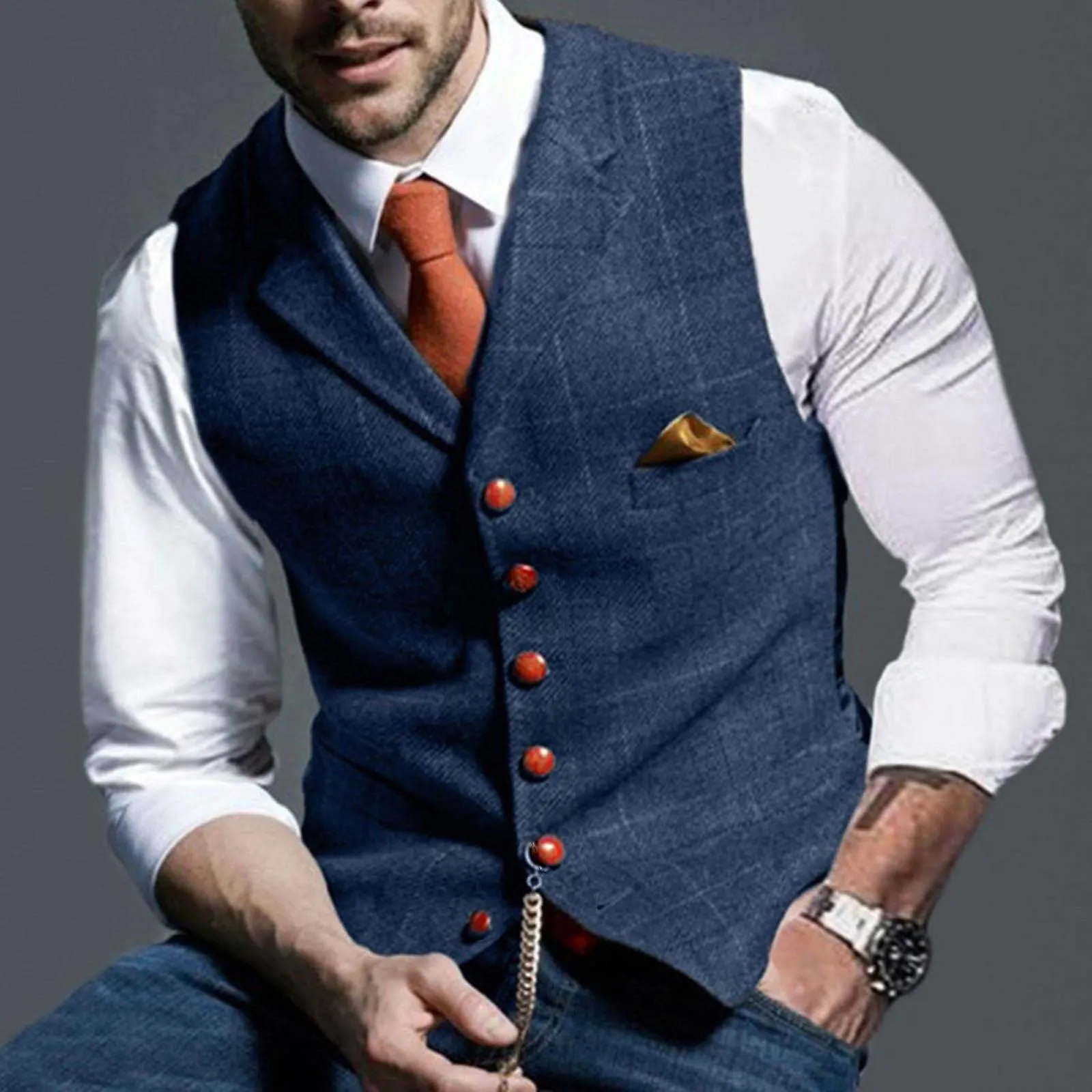 Men Lattice Turndown Single-breasted Vest Suit Business Waistcoat