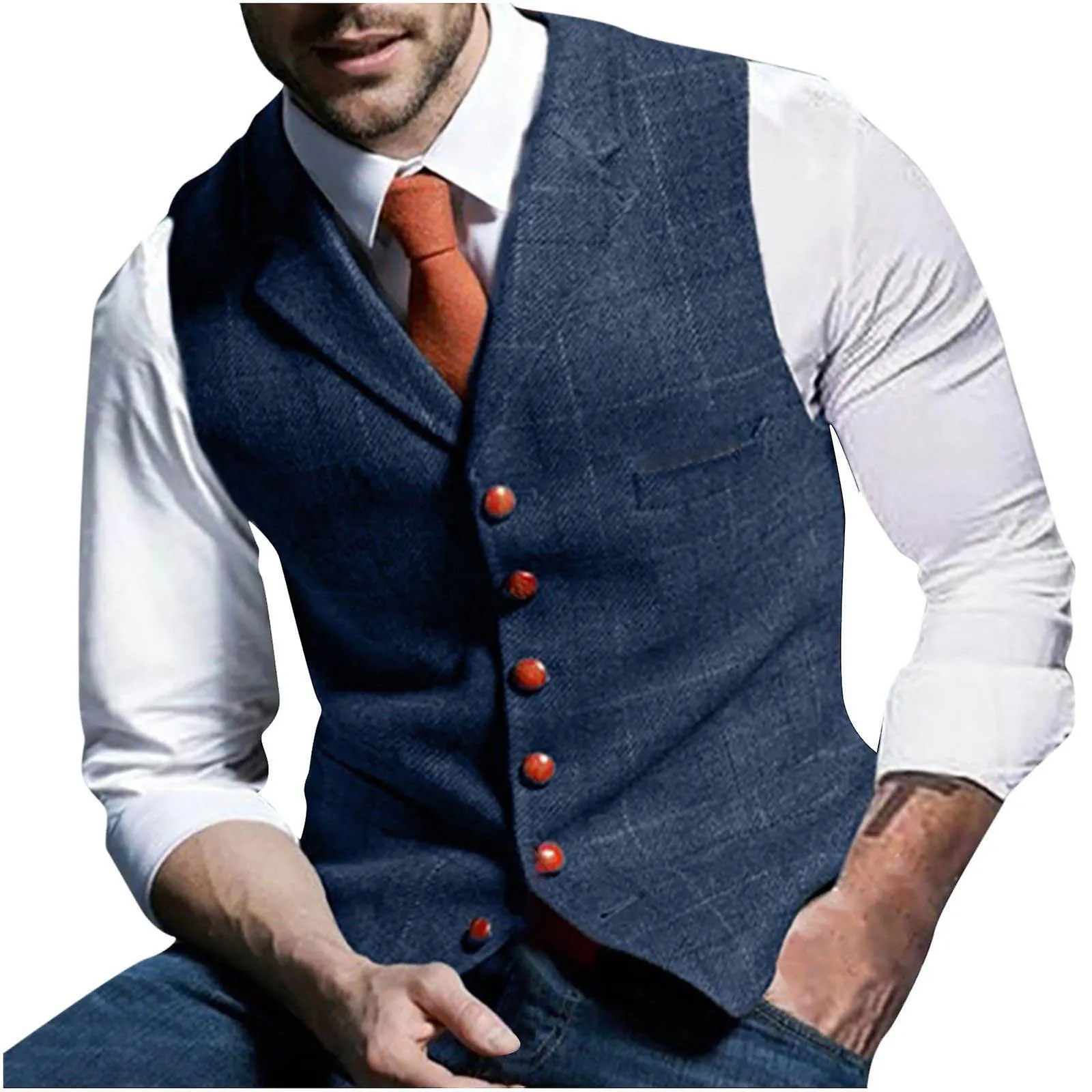 Men Lattice Turndown Single-breasted Vest Suit Business Waistcoat