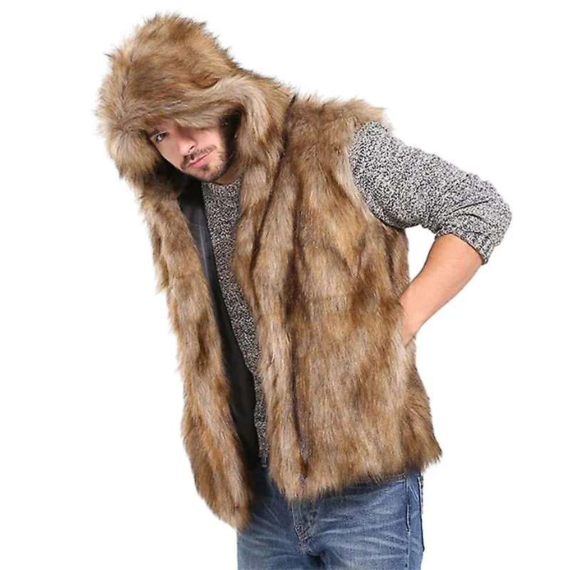 Men's Faux Fur Vest Waistcoat Sleeveless Hooded Coat Jacket