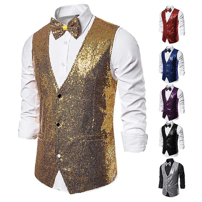 Men's Shiny Sequin Vest, V-neck Party Dress Suit Waistcoat